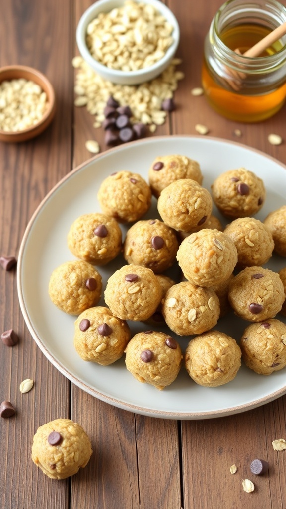 A plate of no-bake oatmeal energy balls with chocolate chips and seeds on a wooden table.